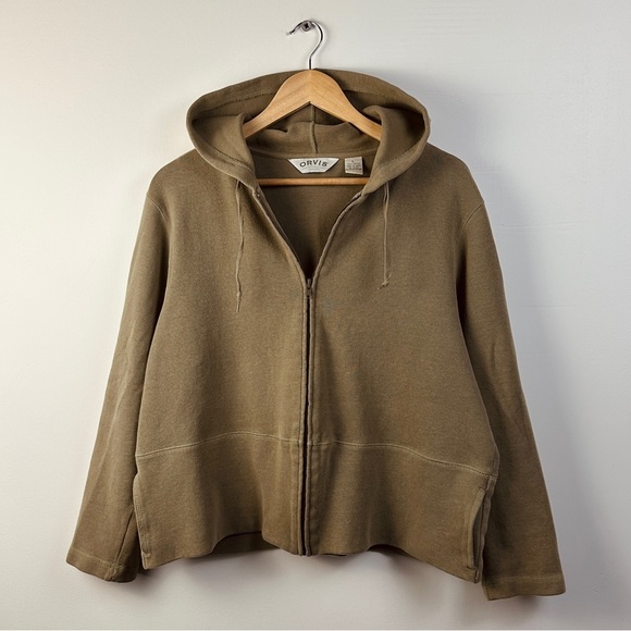 Orvis Tops - Orvis zip-up Hoodie - Khaki Grn - 100% Cotton - Size L